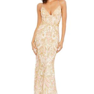 MAC DUGGAL 5309D LACE UP BACK FLORAL & ORNATE BEADED CHAMPAGNE GOWN sz 6